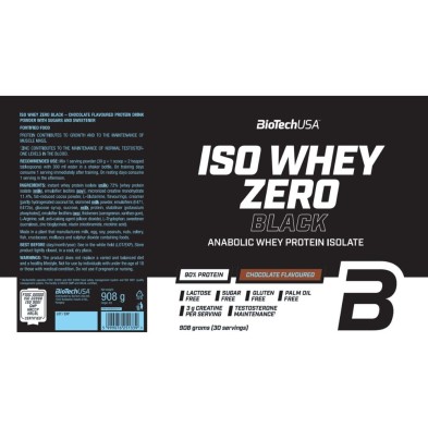 Biotech Iso Whey Zero Black proteína en polvo 908gr. Chocolate ingredientes