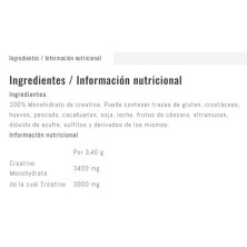 Weider Creatina Premium creatine creapure 375 grs información nutricional