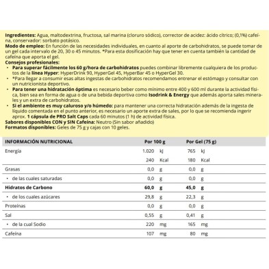 Gel energético Crown Sport Nutrition HyperGel 45 Cafeína Neutro tabla nutricional