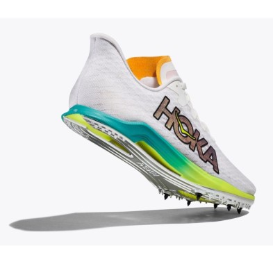 Zapatillas Hoka Cielo X 2 MD Unisex White / Ceramic blanca celeste y naranja par trasero diagonal