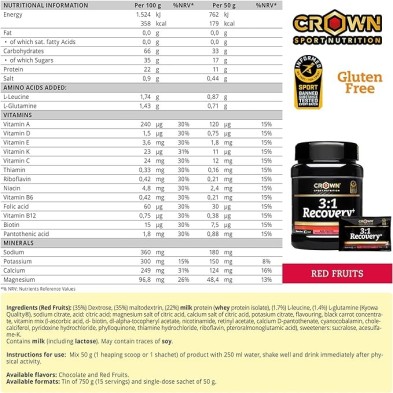 3:1 Recovery 750 gr frutos rojos crown sport nutrition valor nutricional tabla información nutricional