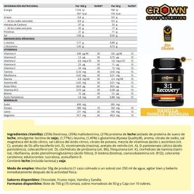 3:1 Recovery 750 gr Vainilla crown sport nutrition información nutricional