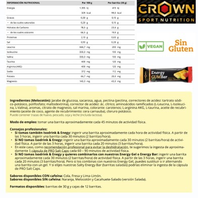 Barrita Energy Gum Bar melocotón Crown nutrition valor nutricional