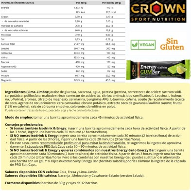 Barrita Energy Gum Bar lima limón con cafeina crown nutrition tabla nutricional