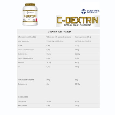 C-Dextrin 908g Cereza Scientiffic nutrition tabla nutricional