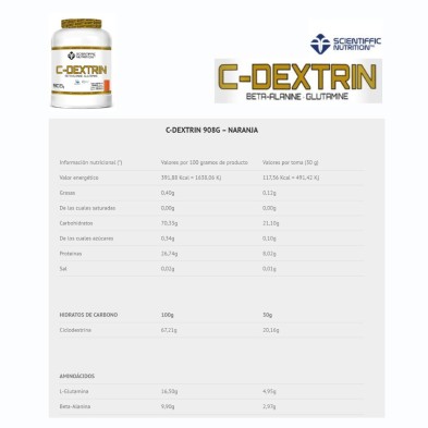 C-Dextrin 908g Naranja Scientiffic Nutrition tabla nutricional