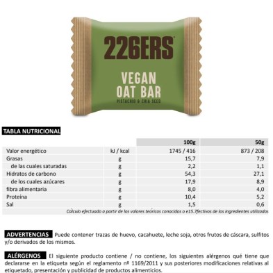 Barrita Vegan Oat Pistacho y Chía 226ers tabla nutricional