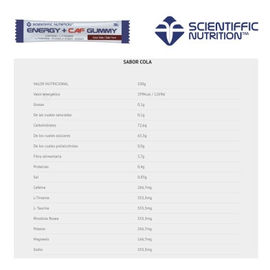 Barrita Energy + CAF Gummy Con Cafeína Cola tabla nutricional