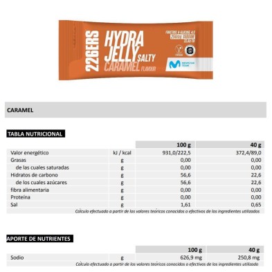 Gel Energético Hydrajelly salty Caramel Salty 226ers caramelo salado tabla nutricional