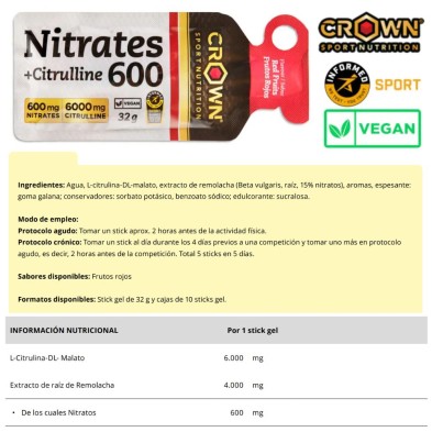 Gel Nitrates 600 + Citrulline Shot Frutos Rojos crown red fruits información nutricional