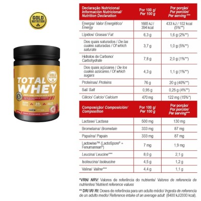 Gold Nutrition Total Whey 800gr fresa strawberry tabla nutricional