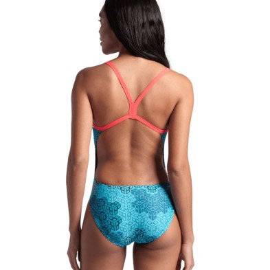 Bañador de natación Camo Kikko Challenge Back Mujer Fluor Rojo / Agua ARENA