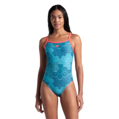 Bañador de natación Camo Kikko Challenge Back Mujer Fluor Rojo / Agua ARENA