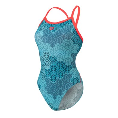 Bañador de natación Camo Kikko Challenge Back Mujer Fluor Rojo / Agua ARENA