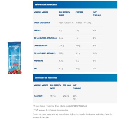 Barrita sea mineral endurance bar berries & vanilla tabla nutricional