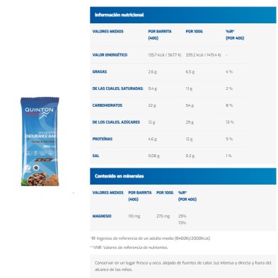 Barrita Sea Mineral Endurance Bar Cacao & Hazelnut quinton sports tabla nutricional