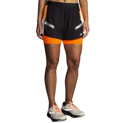 Short Brooks Run Visible 4" 2 en 1 2.0 mujer negro naranja