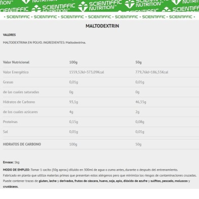 Scientiffic Nutrition Maltodextrin 1Kg Neutro tabla nutricional