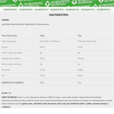 Scientiffic Nutrition Maltodextrin 1Kg Neutro tabla nutricional