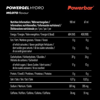 Gel energético Powerbar Powergel Hydro 67ml Mojito tabla nutricional