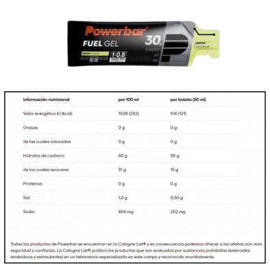 Fuel Gel 30 Black Line Limón powerbar tabla nutricional