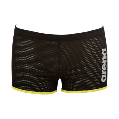 Bañador Short resistencia Arena Square Cut Drag Black logo blanco detalle amarillo