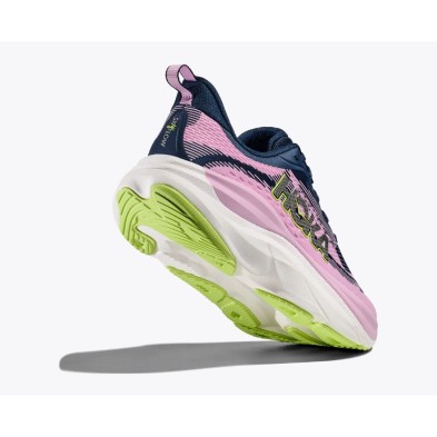 Zapatillas Hoka Skyflow mujer rosa y azul suela blanca y verde