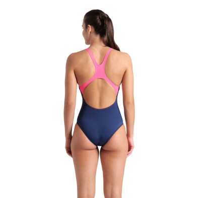 Bañador de natación Arena Performance Diagonals mujer azul marino rosa espalda swim pro