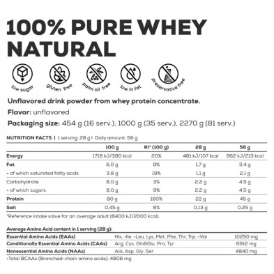 Valores nutricionales Biotech USA 100% Pure Whey Natural proteína en polvo 2270 grs