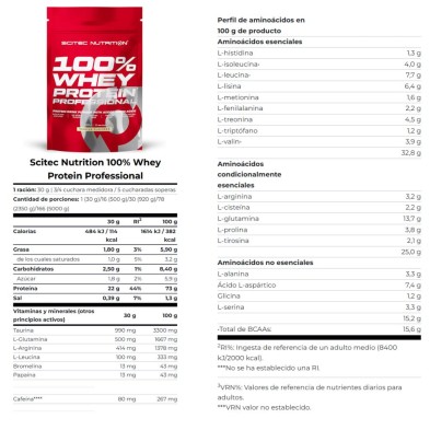 Scitec Nutrition 100% Whey Protein Professional 500gr Vainilla tabla nutricional
