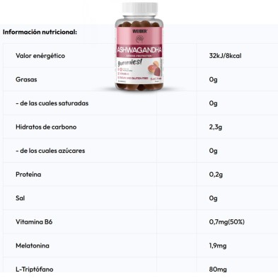 Weider Ashwagandha 40 Gummies Sweet Orange tabla nutricional