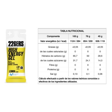 226ers High Energy Gel XS 45g Limon tabla nutricional