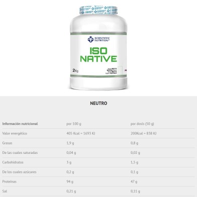 Iso Native Scientiffic Nutrition Proteina en polvo 2kg Neutro tabla nutricional