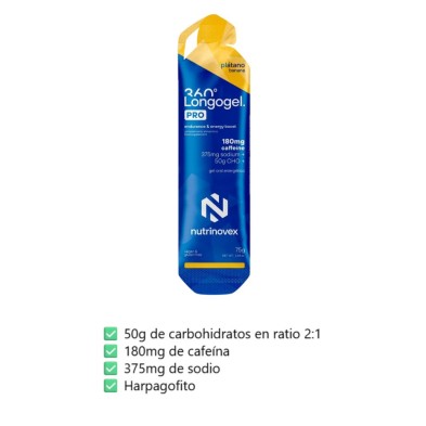 Gel energético Nutrinovex Longogel 360 PRO 75g cafeína Plátano nueva formulación