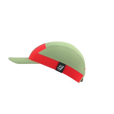 Gorra running Compressport 5 Panel Light Cap Nile/ Fluo Red logo lateral