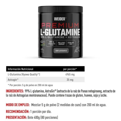 Weider Premium L-Glutamina + Astragin 400 gr ingredientes