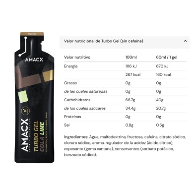 Gel energético Amacx Turbo Gel Cola Lime tabla nutricional