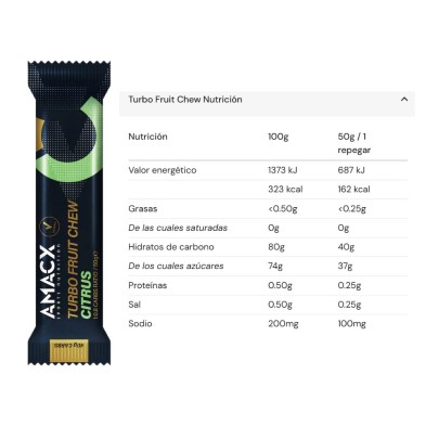 Barrita energética Amacx Turbo Fruit Chew Citrus tabla nutricional