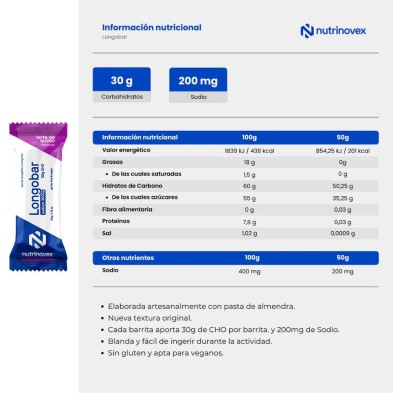 Barrita Nutrinovex Longobar tarta de queso 200 mg sodio tabla nutricional