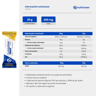 Barrita Nurinovex Longobar banana 200 mg Sodio tabla nutricional