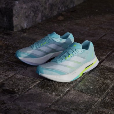 Zapatillas Adidas Adizero Boston 13 Mujer Semi Flash Aqua/ Zero Metalic/ Lucid Lemon par empeine textil y de malla