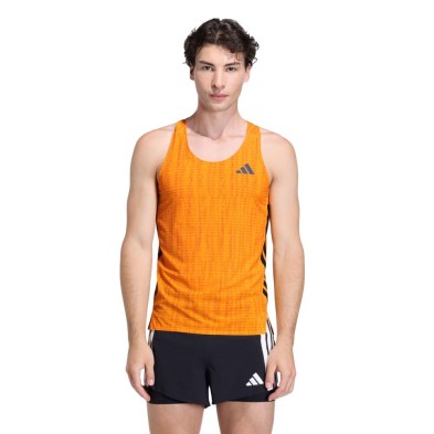 Camiseta tirantes Adidas Adizero Running Singlet hombre naranja logo y rallas negras