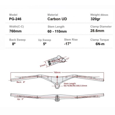 Manillar Progress PG-246 Cockpit Carbon ICR MTB 760mm medidas