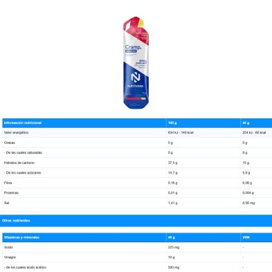 Gel de emergencia Nutrinovex Cramp Rescuer 40g Frambuesa limón tabla nutricional