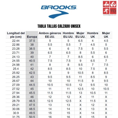 zapatillas unisex tabla tallas brooks