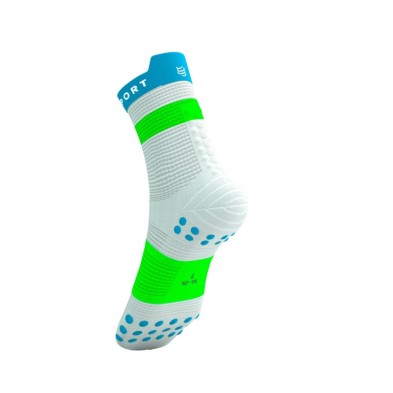 Calcetines Compressport Pro Racing V4.0 Run High White Norse Blue Neon Green Dos líneas de 3D.Dots añaden protección