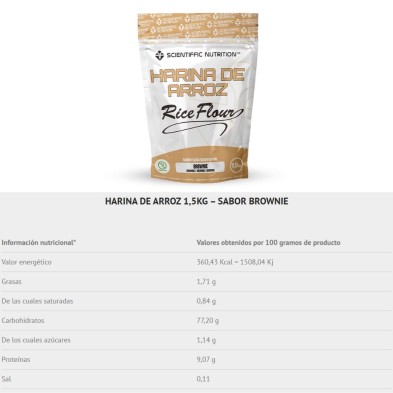 Scientiffic Nutrition Harina de arroz 1.5Kg Brownie tabla nutricional