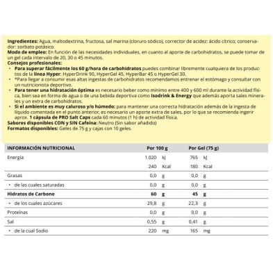 Gel energético Crown Sport Nutrition HyperGel 45 sabores sin cafeína tabla nutricional