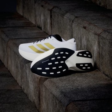 Zapatillas Adidas Adizero Evo SL Woven Hombre Cloud White Matte Gold Core Black suela continental