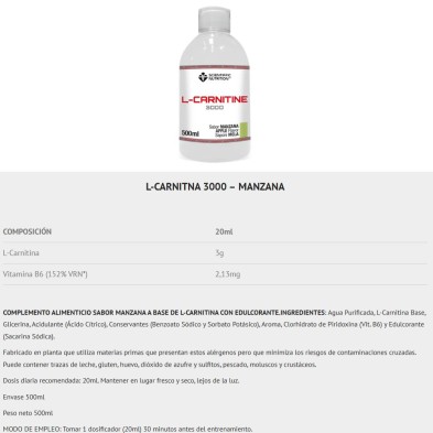 Scientiffic Nutrition L-Carnitine 3000 líquida Manzana tabla nutricional
